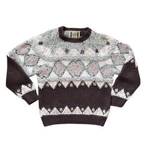 VTG 80s Mens Ski Sweater Size Large 3D knit Nordic Brown Pink Chunky Fair Isle